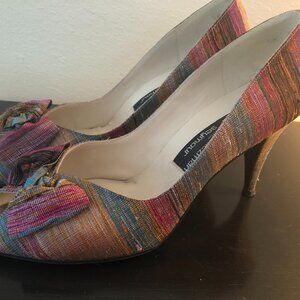 Stuart Weitzman for Mr. Seymour Raw Silk Peep Toe Bow Pumps